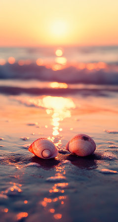 Sea shells on the beach at sunset time. Beautiful nature background.