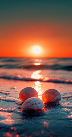 Seashells on the background of the setting sun on the beach