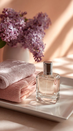 Bottle of perfume, towels and lilac flowers on light background