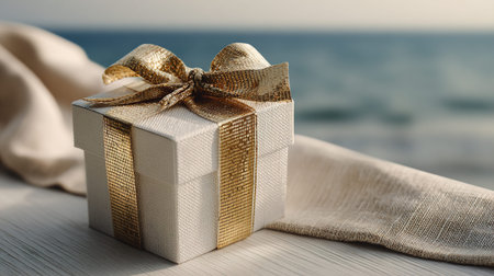 Gift box with golden bow on white wooden table on sea background
