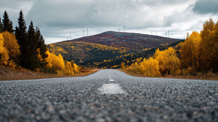 Asphalt road in the autumn alpine forest with wind turbines.の写真素材