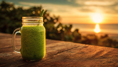 Healthy green smoothie in a glass jar with a straw on a wooden table against the background of the sea and palm trees.の写真素材
