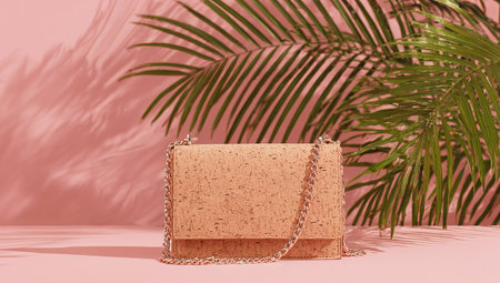 3d render of a cork case with a chain on a pink background with palm leaves