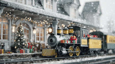 Toy train with Christmas tree and gifts on the background of snowfallの写真素材