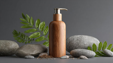 Wooden soap dispenser on grey background. 3D rendering.の写真素材
