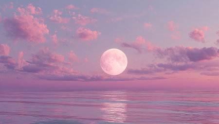 3D illustration of the full moon over the sea at sunset.の写真素材