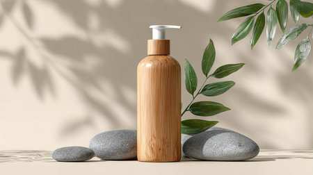 Cosmetic bottle mockup with green leaves on beige background. 3D renderingの写真素材