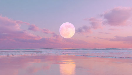 Full moon over the sea at sunset. 3d render illustration.の写真素材