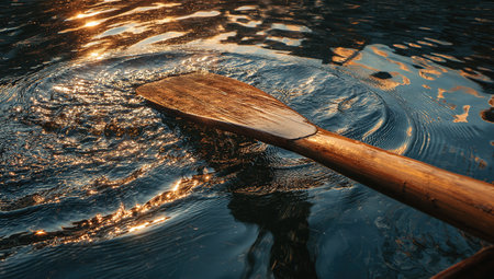 Close up of a rowing boat on lake with sunset light.の写真素材