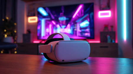 Virtual reality headset on the table in a room with neon lights.の写真素材