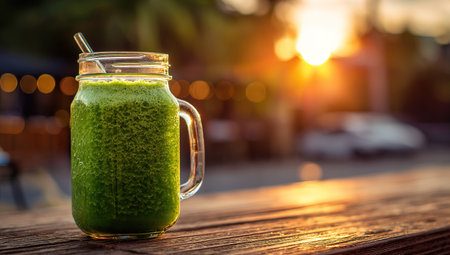 Green smoothie in a jar on a wooden table at sunset.の写真素材