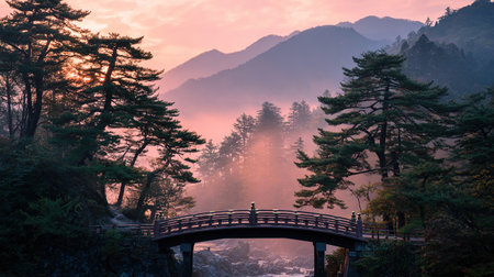 Mountain landscape with fog and bridge at sunset in autumn season.の写真素材