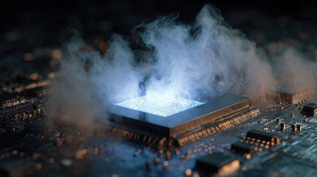 Close-up of a microcircuit with electronic components in the dark