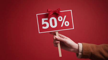 Female hand holding a sign with 50 percent discount on a red background