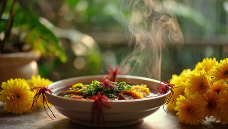spicy soup in bowl with yellow chrysanthemum