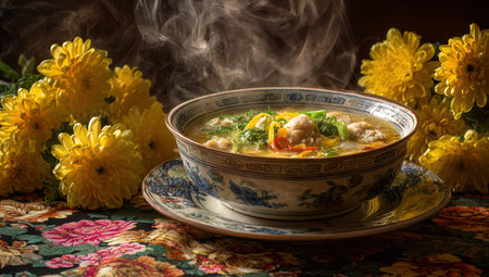 chicken soup in a bowl with yellow chrysanthemum