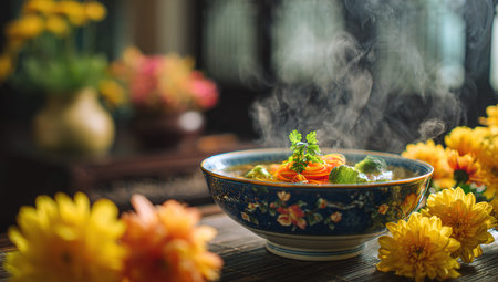 Bowl of chrysanthemum soup on the wooden table
