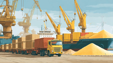 Container terminal for loading bulk cargo of iron ore by ship cranes and grabs.