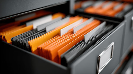 Closeup of an open filing cabinet with file folders. Shallow depth of fieldの写真素材