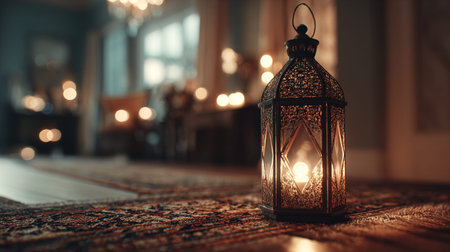 Lantern on table in mosque. Ramadan Kareem greeting card