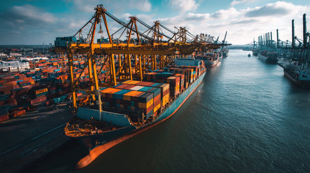 Container Cargo freight ship with working crane bridge for Logistic Import Export background