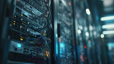 Network servers in data room Domestic Room. 3D rendering. Selective focus.