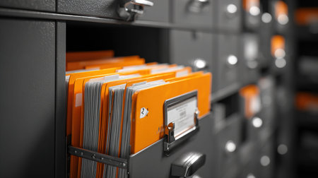 Orange file folders in filing cabinet closeup. File storage concept.