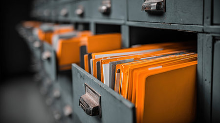 Close up of file folders in a filing cabinet. Selective focus.