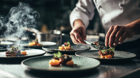 Chef preparing delicious dishes in the restaurant kitchen, close-up