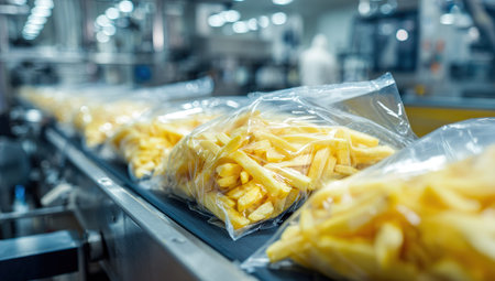 french fries in plastic bag on conveyor belt in food factory