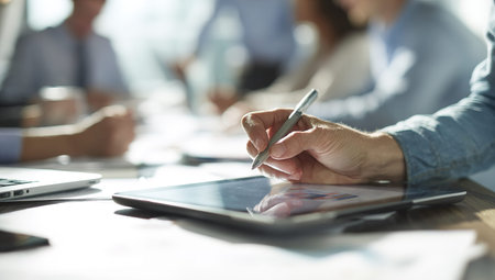 Close-up of business people hands using digital tablet in meeting room