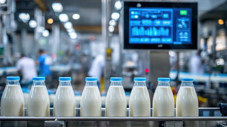 Milk bottles on conveyor belt in beverage factory. Industrial background