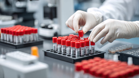 Scientist working with blood samples in laboratory, closeup. Medical background