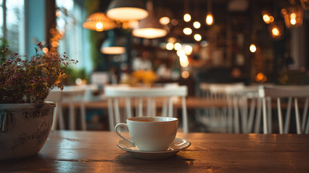 Coffee cup on wooden table in coffee shop, stock photo