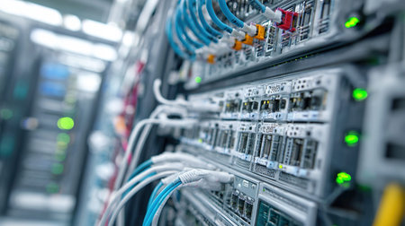 Fiber Optic cables connected to an optic ports in data center