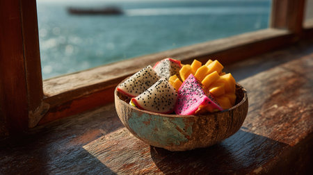 Tropical fruits in a wooden bowl on the background of the sea