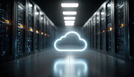 Cloud computing concept with server room in the background. 3D rendering