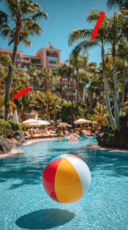 Colorful inflatable ball floating in swimming pool with palm trees in background