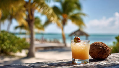 Cocktail on a tropical beach with palm trees and sand.