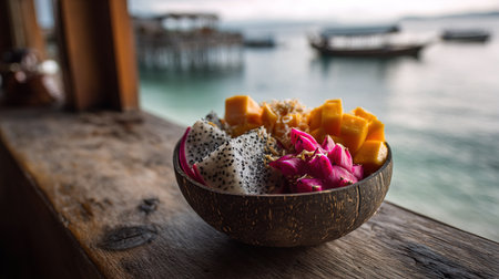 Dragon fruit and rice in coconut bowl on wooden table, Thailand.の写真素材