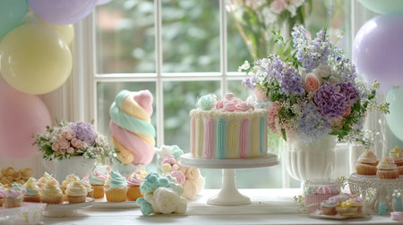 Cupcakes and flowers on a white table in front of a windowの写真素材