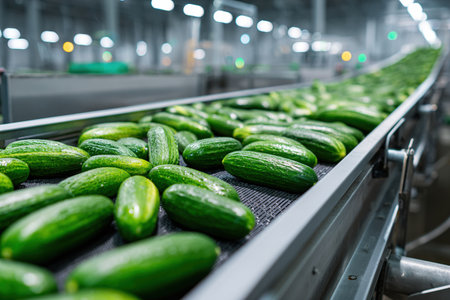 Cucumbers on a conveyor belt in a modern factory.の写真素材