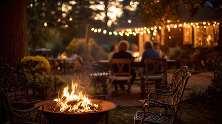Couple sitting on chairs by the fire in the garden at nightの写真素材
