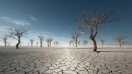 Dead trees on the cracked earth. The concept of climate change.の写真素材