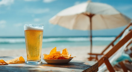 Glass of beer and chips on the beach. Close-up.の写真素材