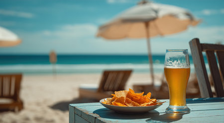 Beer and chips on the beach with umbrellas and deck chairsの写真素材