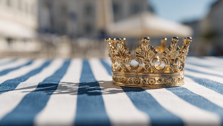 Gold crown on a blue and white striped tablecloth, selective focus