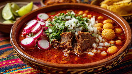 Traditional mexican soup with meat, vegetables