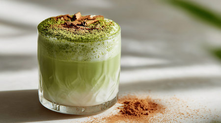 Green tea matcha latte in a glass with cocoa powder.