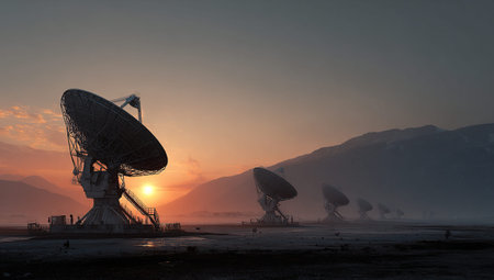 The silhouette of a radio telescope observatory at sunrise. Satellite dishes.